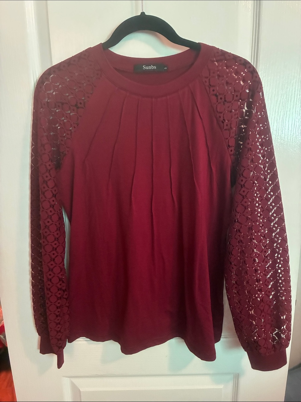Women's Burgundy Lace-Sleeve Pleated Top - Picture 1 of 1